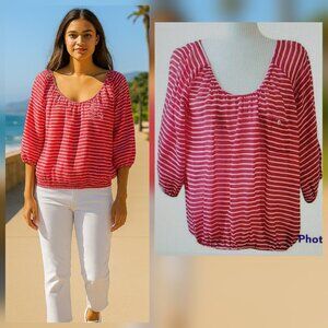 J.Crew Red & White Striped Cotton Gauze Top with Balloon Sleeves Oversized